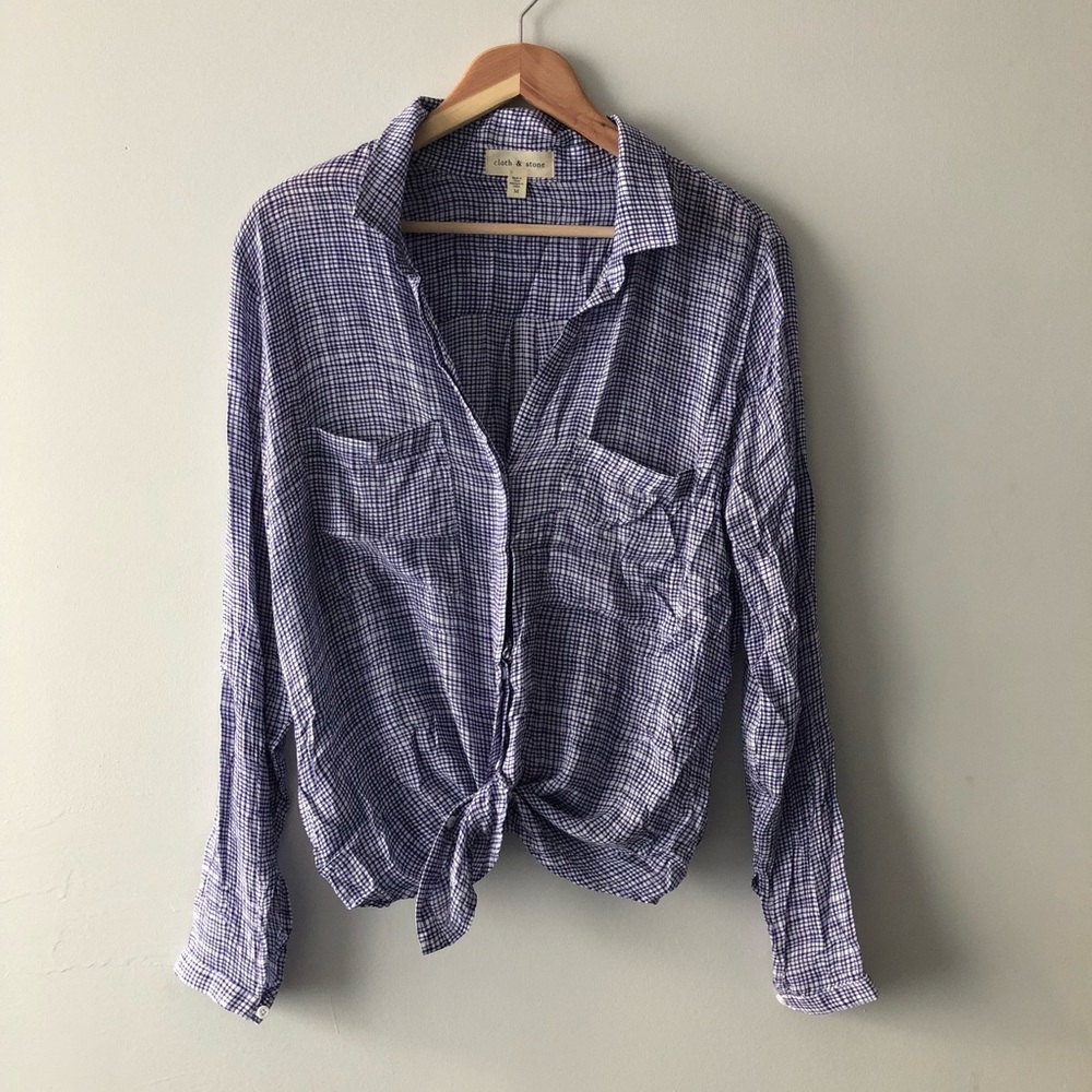 Blue and white plaid long sleeve blouse